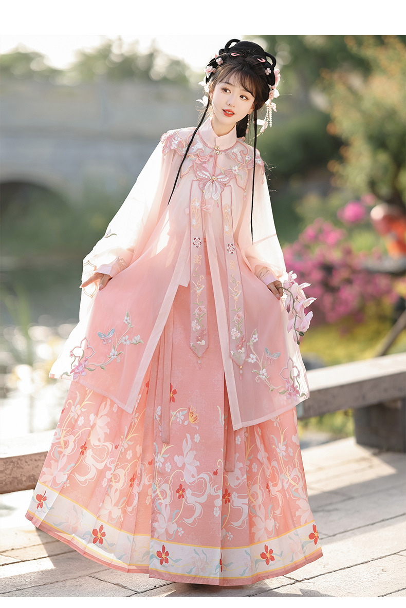 New original pink Mingzhi heavy industry embroidery cloud shoulder stand collar long skirt horse face skirt Hanfu women spring summer(pic13)