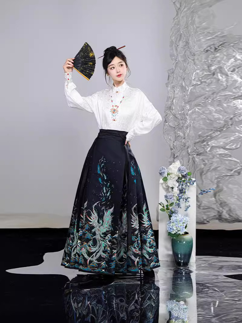 2024 new Hanfu original Ming Hanfu semi-high-neck shirt blouse imitation makeup flower horse skirt s