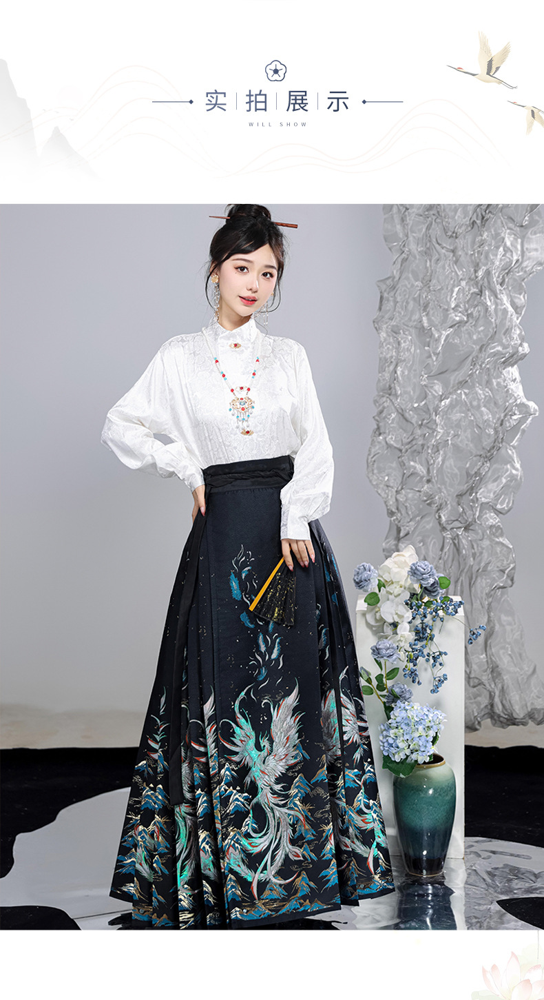 Hanfu original Ming Hanfu half high neck shirt blouse imitation makeup flower horse skirt set(pic10)