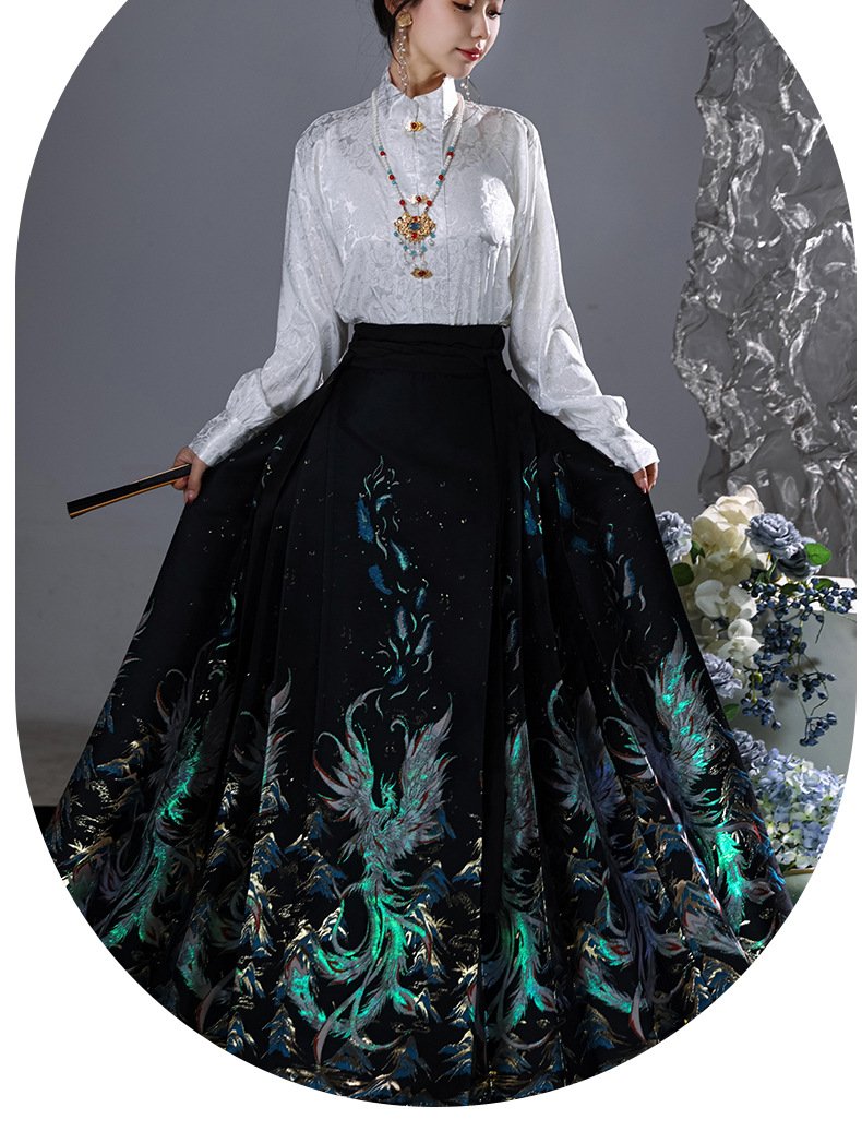 Hanfu original Ming Hanfu half high neck shirt blouse imitation makeup flower horse skirt set(pic12)