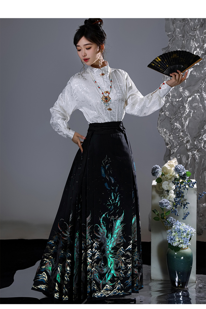 Hanfu original Ming Hanfu half high neck shirt blouse imitation makeup flower horse skirt set(pic13)