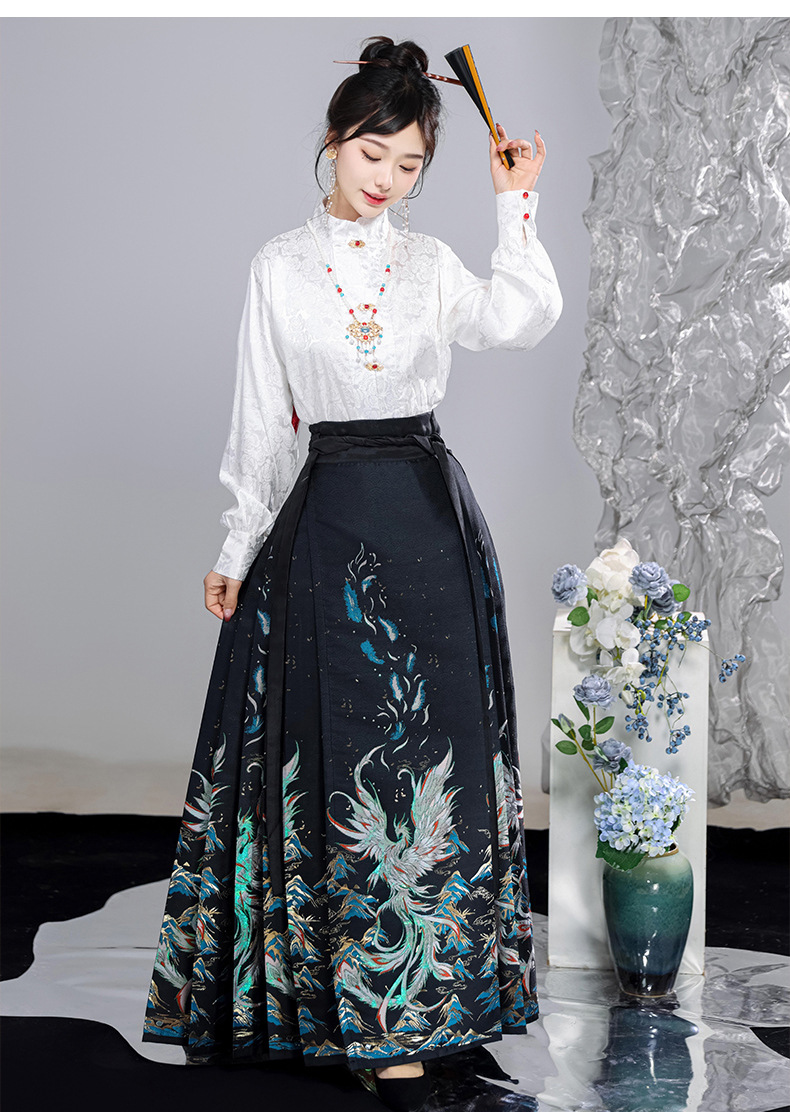 Hanfu original Ming Hanfu half high neck shirt blouse imitation makeup flower horse skirt set(pic19)