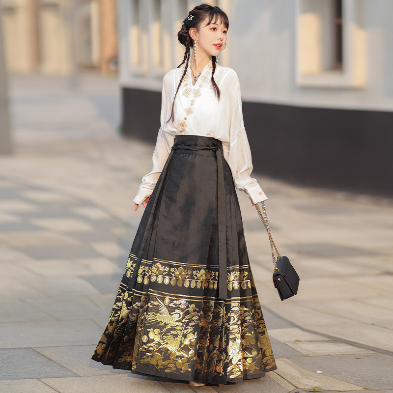 Summer new Chinese style womens dress Ming improved Hanfu adult black horse skirt set skirt(pic21)